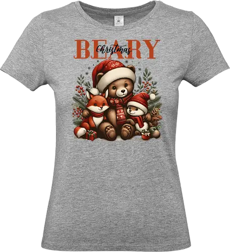 Beary Christmas - christmas, bear, fox, rabbit, santa hats, gifts, festive, holiday, foliage, cute - Standard T-Shirt (Women)