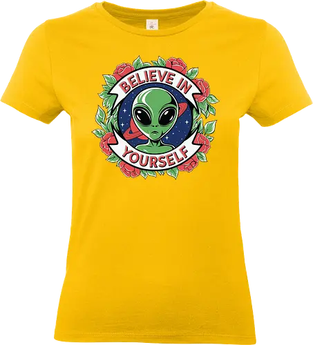Believe in Yourself - alien, motivational, roses, floral, green, red, space, stars - Standard T-Shirt (Women)