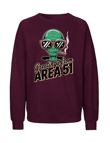 Greetings from Area 51 - extraterrestrial, grey, red, alien, area 51, sunglasses, cigar, humor, stars - Fairtrade Sweatshirt