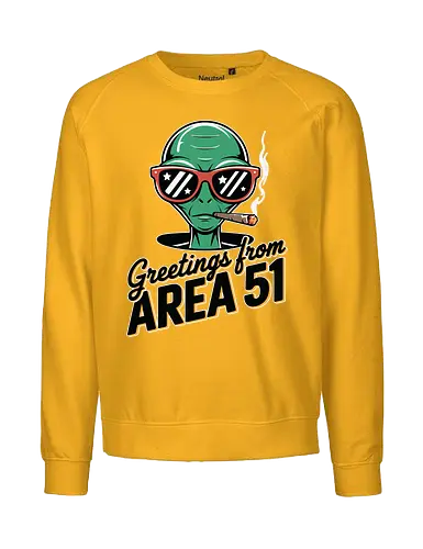 Greetings from Area 51 - extraterrestrial, grey, red, alien, area 51, sunglasses, cigar, humor, stars - Fairtrade Sweatshirt