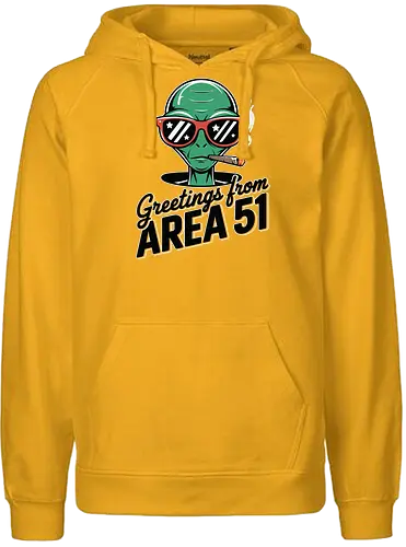 Greetings from Area 51 - extraterrestrial, grey, red, alien, area 51, sunglasses, cigar, humor, stars - Fairtrade Hoodie
