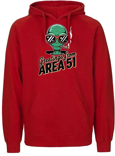 Greetings from Area 51 - extraterrestrial, grey, red, alien, area 51, sunglasses, cigar, humor, stars - Fairtrade Hoodie