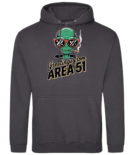 Greetings from Area 51 - extraterrestrial, grey, red, alien, area 51, sunglasses, cigar, humor, stars - Standard Hoodie