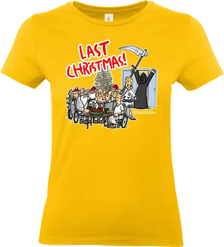 Last Christmas! - last christmas, Tod, totaberlustig, sensenmann, seniorenheim, wham, weihnachten, schwarzer humor, cartoon - Standard T-Shirt (Women)