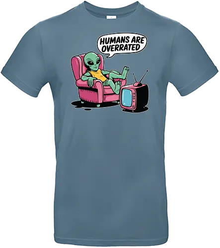 Humans are overrated - retro, alien, armchair, television, humorous, cartoon, extraterrestrial, relaxed, slogan, pink - Standard T-Shirt