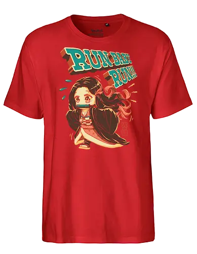 Run Baby Run! - Slayer, cute demon, zenitsu, tanjiro, demon, chibi, cute, kawaii, oni girl, kny, demon hunter, pop art, anime, vintage, retro, manga, otaku, weeb - Fairtrade T-Shirt
