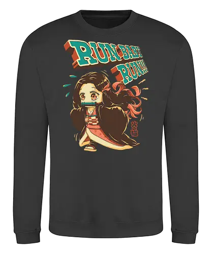 Run Baby Run! - Slayer, cute demon, zenitsu, tanjiro, demon, chibi, cute, kawaii, oni girl, kny, demon hunter, pop art, anime, vintage, retro, manga, otaku, weeb - Sweatshirt