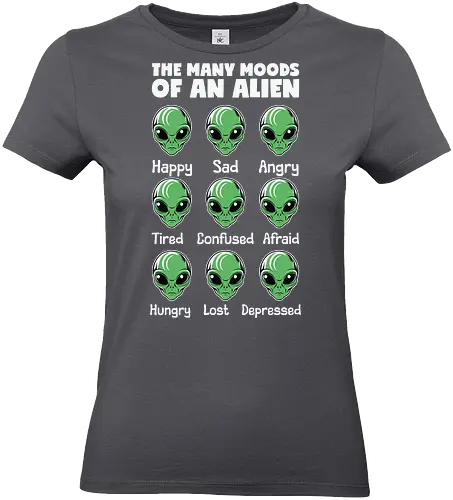 The many moods of an alien - alien, emotions, humor, expression, moods, green, faces, cartoon - Standard T-Shirt (Women)