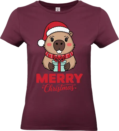 Merry Christmas - capybara, christmas, santa hat, gift, cute, holiday, cartoon, festive, scarf - Standard T-Shirt (Women)