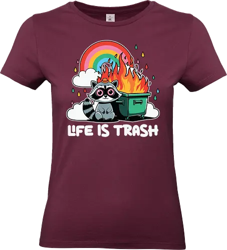 Life is Trash - raccoon, dumpster fire, rainbow, colorful, flames, clouds, humor, sarcasm - Standard T-Shirt (Women)