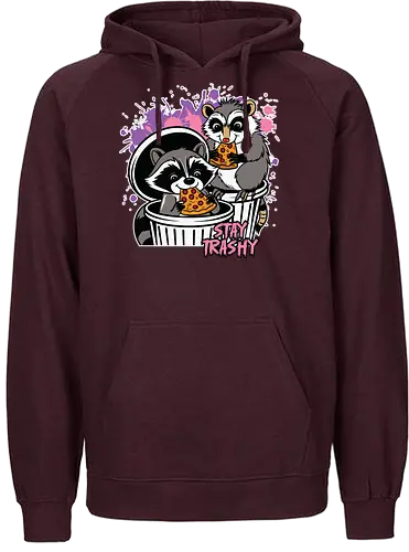 Stay Trashy - raccoons, pizza, trash cans, humor, playful, colorful, street style, cartoon, slogan, mischievous - Fairtrade Hoodie