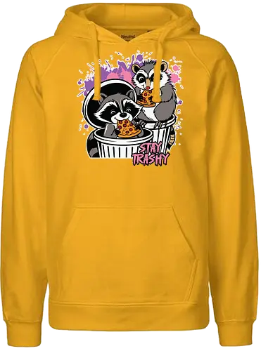 Stay Trashy - raccoons, pizza, trash cans, humor, playful, colorful, street style, cartoon, slogan, mischievous - Fairtrade Hoodie