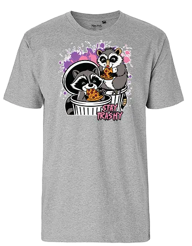 Stay Trashy - raccoons, pizza, trash cans, humor, playful, colorful, street style, cartoon, slogan, mischievous - Fairtrade T-Shirt