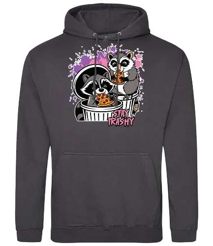 Stay Trashy - raccoons, pizza, trash cans, humor, playful, colorful, street style, cartoon, slogan, mischievous - Standard Hoodie