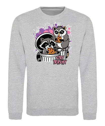 Stay Trashy - raccoons, pizza, trash cans, humor, playful, colorful, street style, cartoon, slogan, mischievous - Sweatshirt
