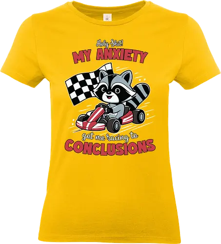 anxiety and racing to conclusions - raccoon, go-kart, checkered flag, anxiety, humor, cartoon, racing, text, illustration, speed - Standard T-Shirt (Women)