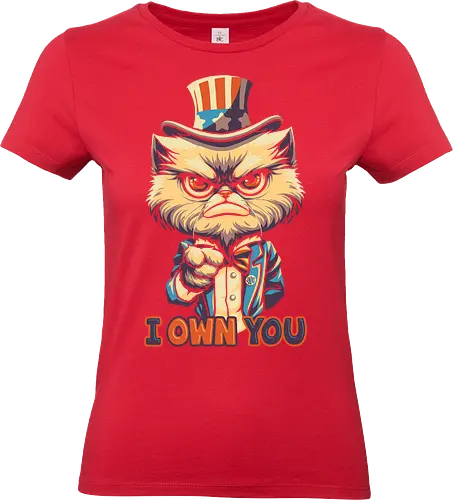 I Own You - cat, cat lover, kitten, kitty, pop art, vintage colors, retro design, cute cat, uncle sam, pet, animals, parody, funny, meme, joke, independent day, don't tread on me, 1776, Gadsden, american cat, american, 4th of july, US flag, american clothing, usa, freedom, patriotic, american flag, 2nd amendment, I Want You - Standard T-Shirt (Women)