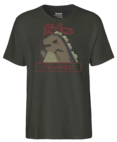 Kawaii Hangry Kaiju - angry, feed me, kaiju, Kaiju, dinosaur, food, funny, hunger, gluttony, monster, xmorfina, hangry, kawaii kaiju, cute kaiju, hungry - Fairtrade T-Shirt