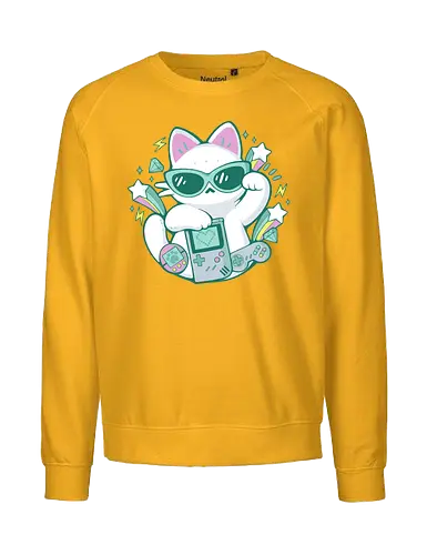 90s Cute Cat - 90s, 90 vibes, gamer, cute cat, gameboy, tamagotchi, joystick, videogame, gaming, player, technology, maneki neko, retro, vintage, xmorfina - Fairtrade Sweatshirt