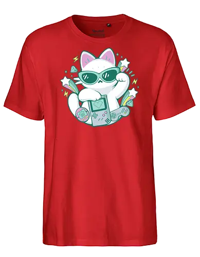 90s Cute Cat - 90s, 90 vibes, gamer, cute cat, gameboy, tamagotchi, joystick, videogame, gaming, player, technology, maneki neko, retro, vintage, xmorfina - Fairtrade T-Shirt