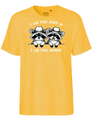 I AM THE BEST & I AM THE WORST - raccoons, cowboy hats, humor, duality, playful, animals, hats, black and white - Fairtrade T-Shirt