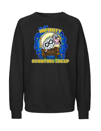 Infinity Counting Sheep (Unendliche Schäfchenzähler) - schlaflos, Schaf, Schäfchenzählen, Humor, vintage, Cartoon, süß, retro, Nachteulen, Witz, Schlafenszeit, Schlaflosigkeit, Schlaf-Humor, lustig, Entspannen, witzig, popkulturell, Parodie, verspielt, Einschlafen, counting sheep - Fairtrade Sweatshirt