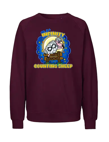 Infinity Counting Sheep (Unendliche Schäfchenzähler) - schlaflos, Schaf, Schäfchenzählen, Humor, vintage, Cartoon, süß, retro, Nachteulen, Witz, Schlafenszeit, Schlaflosigkeit, Schlaf-Humor, lustig, Entspannen, witzig, popkulturell, Parodie, verspielt, Einschlafen, counting sheep - Fairtrade Sweatshirt
