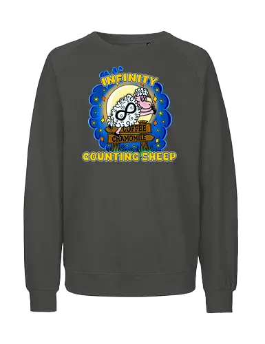 Infinity Counting Sheep (Unendliche Schäfchenzähler) - schlaflos, Schaf, Schäfchenzählen, Humor, vintage, Cartoon, süß, retro, Nachteulen, Witz, Schlafenszeit, Schlaflosigkeit, Schlaf-Humor, lustig, Entspannen, witzig, popkulturell, Parodie, verspielt, Einschlafen, counting sheep - Fairtrade Sweatshirt