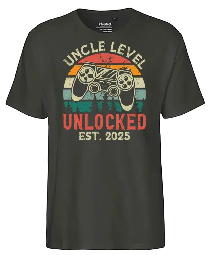 Uncle Level Unlocked Est. 2025 - retro, game controller, vintage, colorful, stripes, gaming, playful, uncle, level unlocked, established - Fairtrade T-Shirt