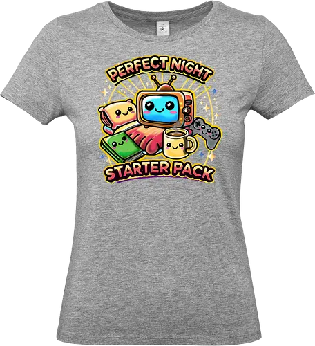 Perfect Night Starter Pack (Perfekte Nacht Starter-Pack) - gemütlich, retro, kawaii, Gaming, heiße Getränke, Bücher, Bücherwurm, Filme, Serienmarathon, Streaming, introvertiert, entspannt, Freund, Freundin, Freunde, Lesen, Cineast, nostalgisch, Regentag, Winter-Feeling, verspielt, ruhig, bequem, Filmfan, ruhiger Abend, movie, cute, pajamas, Schlafanzug, Literatur, anime, pop culture - Standard T-Shirt (Women)