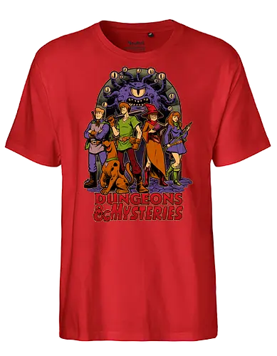 Dungeons and Mysteries - Scooby Gang, Scooby-doo, Scooby, Mystery, Mystery Machine, The Mystery Machine, Vintage, Retro Vintage, Retro, Animation, Tv Show, Rpg, Role-play, Role-playing, Dungeon Master, Pen and Paper, Pen and paper, Dungeon, Dark Fantasy, Fantasy, Adventure, Pen and Paper, D20, Beholder, Wizard, Knight, Warrior, Archer - Fairtrade T-Shirt
