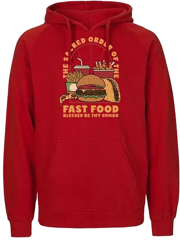 Sacred Order of Fast Food - fast food, ice cream, pizza, burgers, popsicles, tacos, fries, lettering, fried chicken, eating, hungry, funny - Fairtrade Hoodie