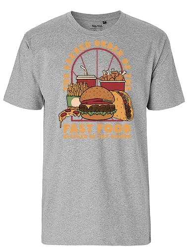 Sacred Order of Fast Food - fast food, ice cream, pizza, burgers, popsicles, tacos, fries, lettering, fried chicken, eating, hungry, funny - Fairtrade T-Shirt