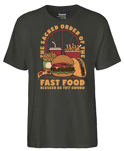 Sacred Order of Fast Food - fast food, ice cream, pizza, burgers, popsicles, tacos, fries, lettering, fried chicken, eating, hungry, funny - Fairtrade T-Shirt