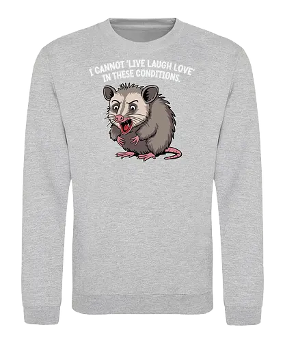 I cannot 'Live Laugh Love' in these conditions. - opossum, cartoon, humor, distressed, expression, text, quote, funny, sentiment, frustration - Sweatshirt
