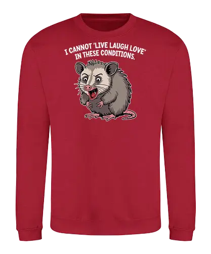 I cannot 'Live Laugh Love' in these conditions. - opossum, cartoon, humor, distressed, expression, text, quote, funny, sentiment, frustration - Sweatshirt