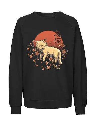 Sleeping Cat on Sakura - cat, cat lover, kitten, kitty, pop art, japanese, sakura, ukiyo-e, pet, japan graphic design, vintage colors, retro design, cute cat, cat meme, parody, funny, meme, joke, animals - Fairtrade Sweatshirt