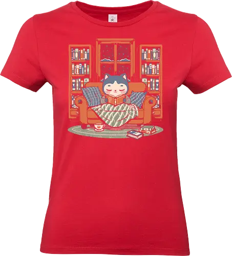 Cozy Book Winter Cat - Cute, Fun, Funny, Cat, Winter, Book, Books, Bookworm, Cozy, Weather, Pet, Coffee, Tea, Warm, Library - Standard T-Shirt (Women)