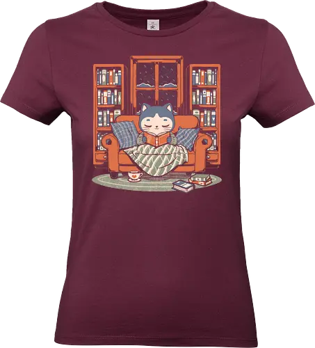 Cozy Book Winter Cat - Cute, Fun, Funny, Cat, Winter, Book, Books, Bookworm, Cozy, Weather, Pet, Coffee, Tea, Warm, Library - Standard T-Shirt (Women)