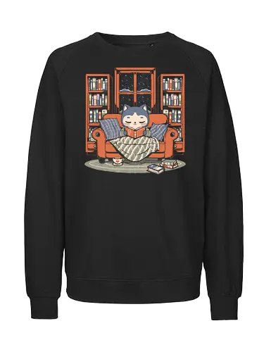 Cozy Book Winter Cat - Cute, Fun, Funny, Cat, Winter, Book, Books, Bookworm, Cozy, Weather, Pet, Coffee, Tea, Warm, Library - Fairtrade Sweatshirt