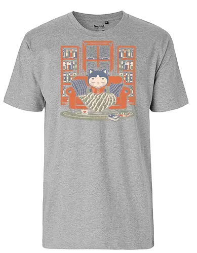 Cozy Book Winter Cat - Cute, Fun, Funny, Cat, Winter, Book, Books, Bookworm, Cozy, Weather, Pet, Coffee, Tea, Warm, Library - Fairtrade T-Shirt