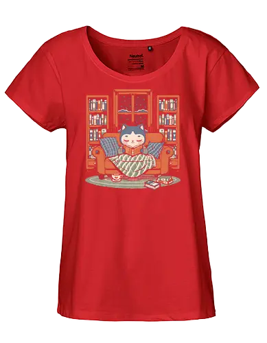 Cozy Book Winter Cat - Cute, Fun, Funny, Cat, Winter, Book, Books, Bookworm, Cozy, Weather, Pet, Coffee, Tea, Warm, Library - Fairtrade Girl Shirt