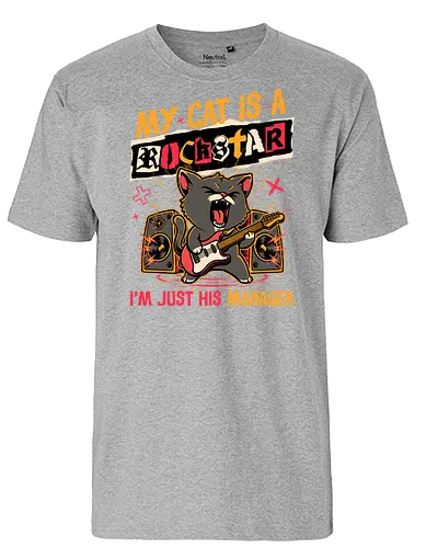 Rockstar Cat Manager - cool, funny, cat, black cat, rockstar, metal, heavy metal, punk, rock, rock and rool, music, pet, joke, cute, screaming - Fairtrade T-Shirt