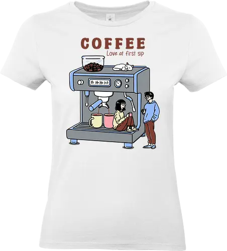 Love at First Sip - coffee, coffee drink, i love coffee, sipping coffee, coffee machine, espresso, caffeine, coffee lover - Standard T-Shirt (Women)