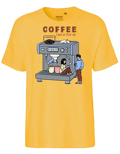 Love at First Sip - coffee, coffee drink, i love coffee, sipping coffee, coffee machine, espresso, caffeine, coffee lover - Fairtrade T-Shirt