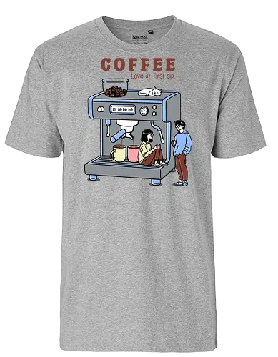 Love at First Sip - coffee, coffee drink, i love coffee, sipping coffee, coffee machine, espresso, caffeine, coffee lover - Fairtrade T-Shirt