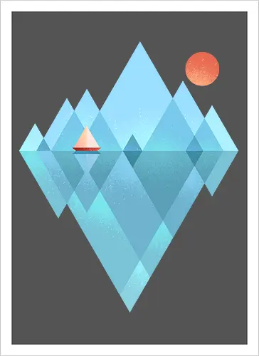 Iceberg - geometric, abstract, arctic, boat, colorful, iceberg, minimalism, minimalist, modern art, nature, nordic, sea, simple, sun, geometrical designs - Artprint