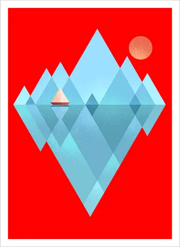 Iceberg - geometric, abstract, arctic, boat, colorful, iceberg, minimalism, minimalist, modern art, nature, nordic, sea, simple, sun, geometrical designs - Artprint