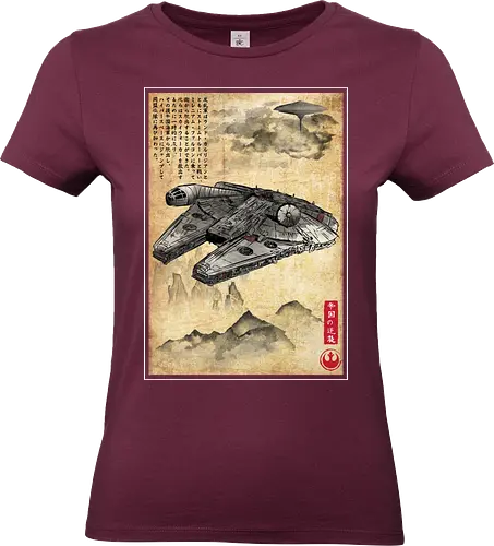 Escape from cloud city woodblock - retro, rebel, 70s, movies, films, date, galaxy, star, japanese art, woodblock, japan, millenium falcon - Standard T-Shirt (Women)