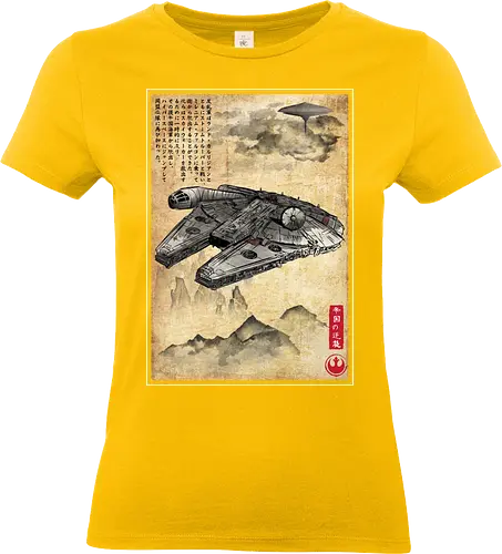 Escape from cloud city woodblock - retro, rebel, 70s, movies, films, date, galaxy, star, japanese art, woodblock, japan, millenium falcon - Standard T-Shirt (Women)